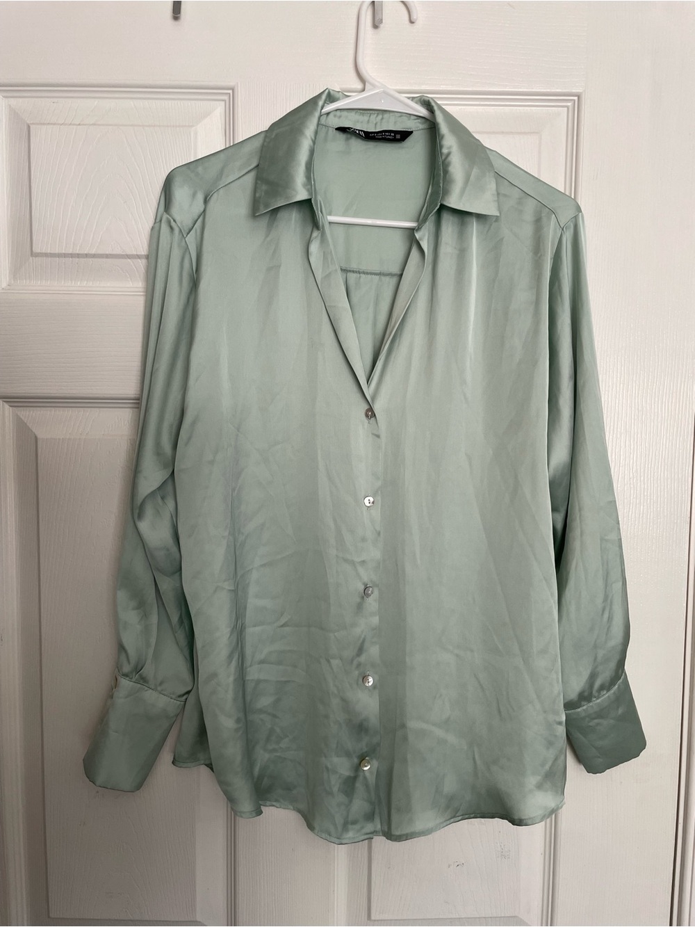 Zara Women’s size Small Sage Green Satin Button-Up Shirt